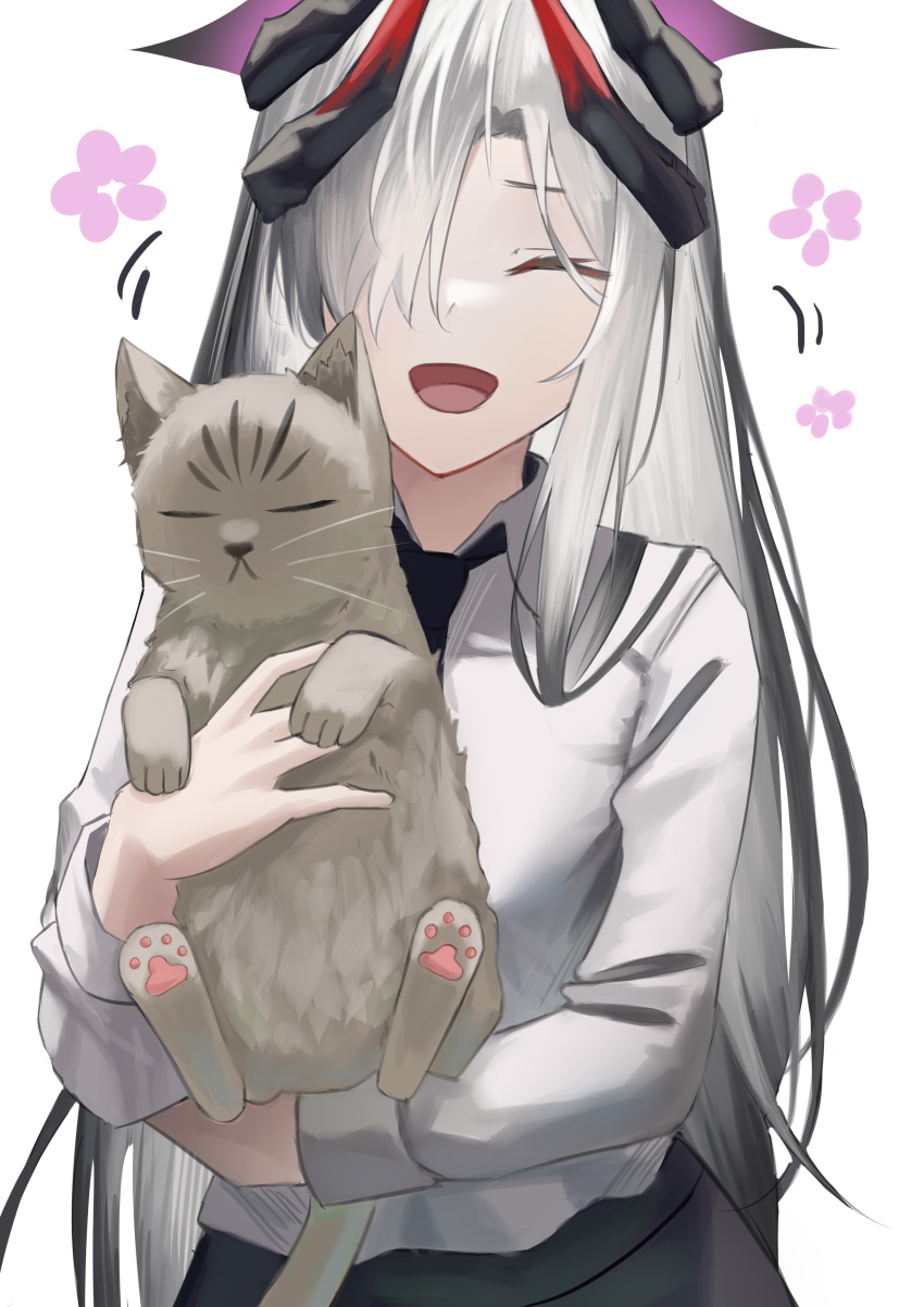 1girl, absurdres, ahoge, alternate_costume, animal, black_halo, black_horns, black_necktie