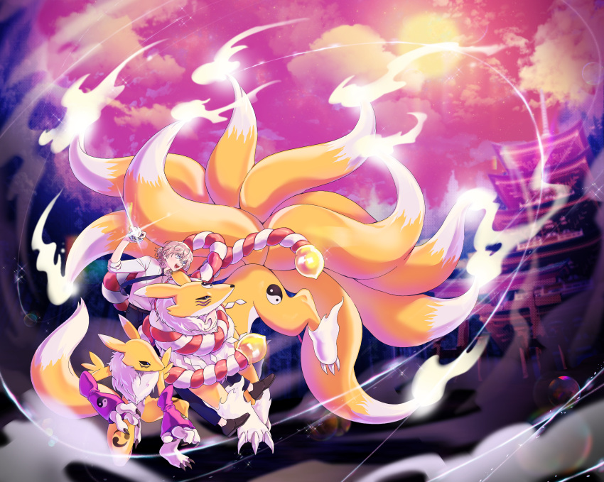 2others, absurdres, blonde_hair, blue_pants, body_fur, collared_shirt, commission, digimon