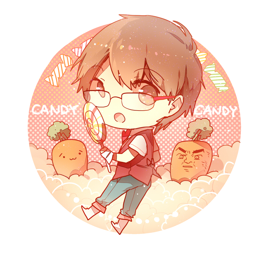 1boy, back_bow, blue_pants, border, bow, brooch, brown_eyes, brown_hair