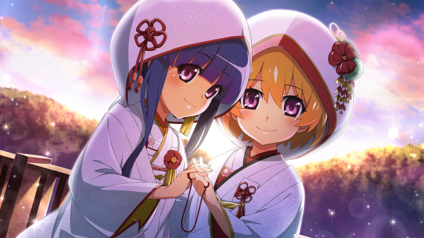 2girls, child, child_on_child, dusk, furude_rika, happy, highres, higurashi_no_naku_koro_ni, houjou_satoko, interlocked_fingers, japanese_clothes, kimono, long_hair, looking_at_viewer, multiple_girls, non-web_source, official_art, outdoors, sky, smile, string, string_of_fate, uchikake, violet_eyes, wife_and_wife, yuri