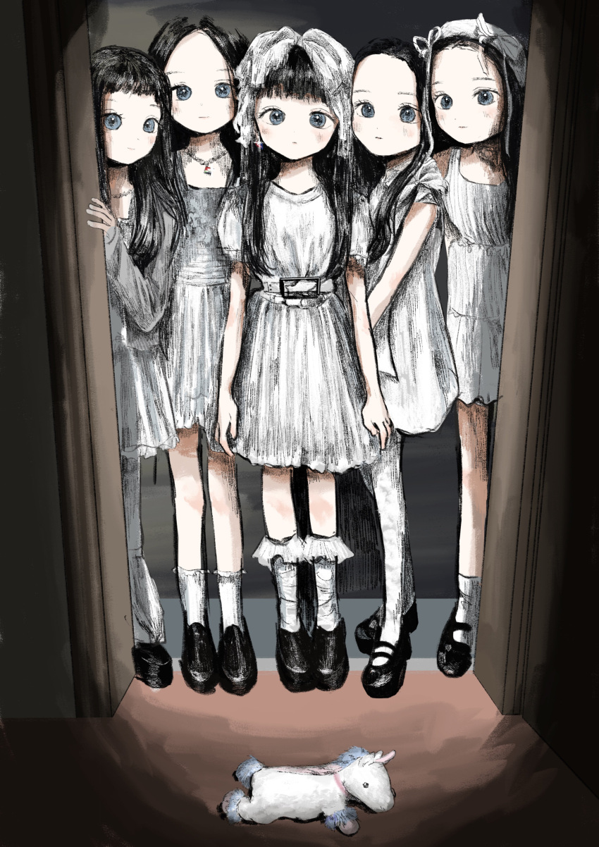 5girls, absurdres, belt_buckle, black_footwear, black_hair, blue_eyes, buckle, closed_mouth
