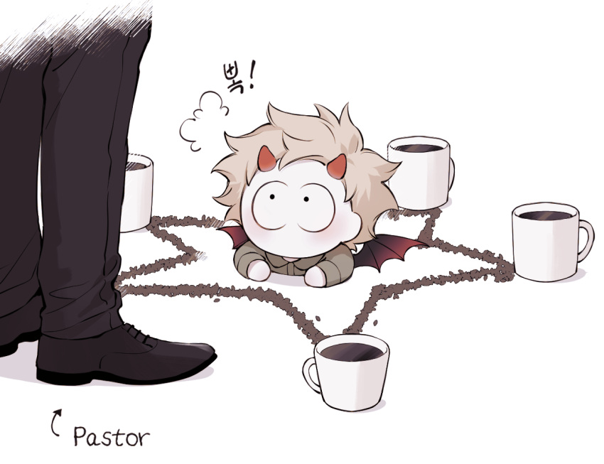 0o0_w_o0, 2boys, chibi, coffee, coffee_mug, collared_shirt, craig_tucker, cup, demon_horns, demon_wings, horns, long_sleeves, male_focus, mug, multiple_boys, shirt, south_park, south_park:_phone_destroyer, summoning, tweek_tweak, wings