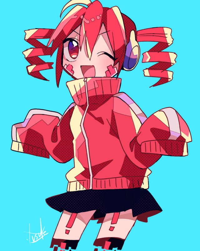1girl, blue_background, cosplay, digital_dissolve, drill_hair, ene_(kagerou_project), ene_(kagerou_project)_(cosplay), facial_mark, high_collar, jacket, kagerou_project, kasane_teto, long_sleeves, one_eye_closed, open_mouth, red_eyes, redhead, robot_ears, skirt, sleeves_past_wrists, smile, solo, thigh-highs, track_jacket, twin_drills, utau, yuusuke-kun