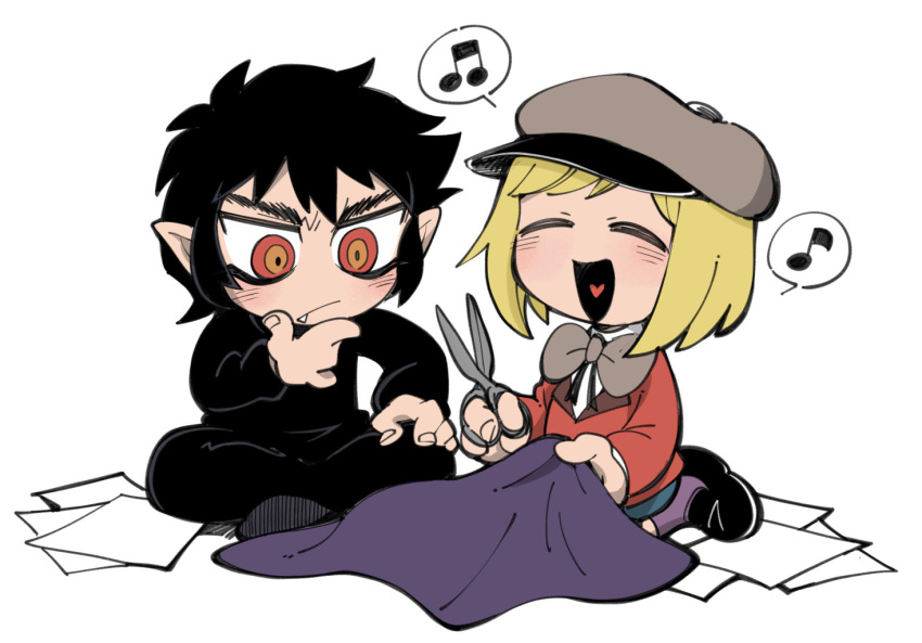 2boys, black_hair, blonde_hair, bow, bowtie, chibi, chiyo_(shuten_dj), closed_eyes