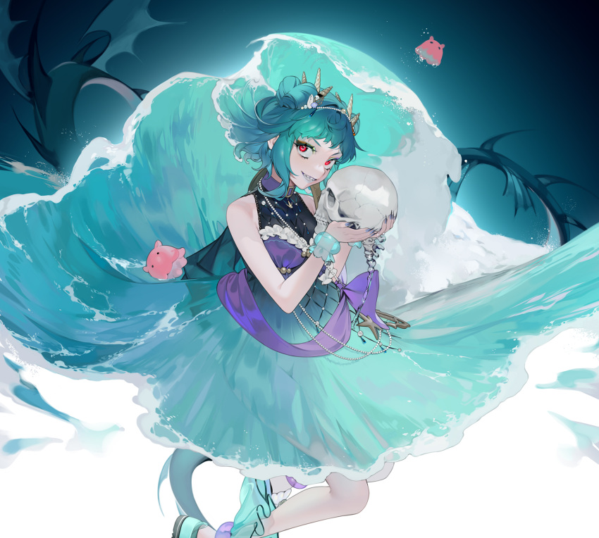 1girl, bad_id, bad_pixiv_id, bare_shoulders, blue_hair, character_request, copyright_request, dress, floating, hairband, highres, holding, holding_skull, looking_at_viewer, ohisashiburi, red_eyes, sea_dragon, sharp_teeth, short_hair, skull, sleeveless, smile, solo, teeth, waves