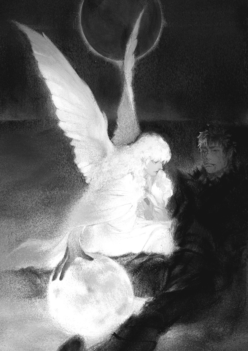 2boys, absurdres, angel_wings, berserk, bishounen, black_vs_white, blood, blood_on_face