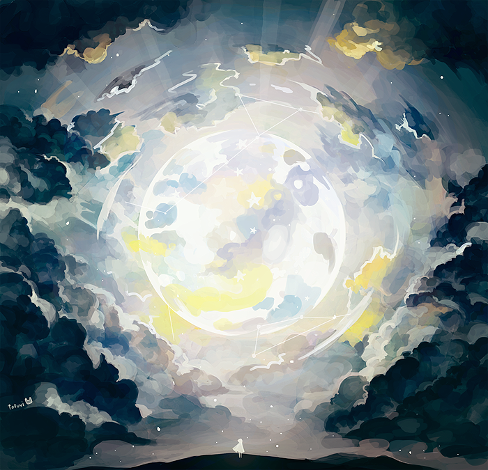 1other, androgynous, blue_clouds, cape, clouds, constellation, full_moon, light, moon, night, night_sky, original, scenery, signature, silhouette, sky, sky_focus, star_(symbol), tofuvi, very_wide_shot, white_cape, white_hair
