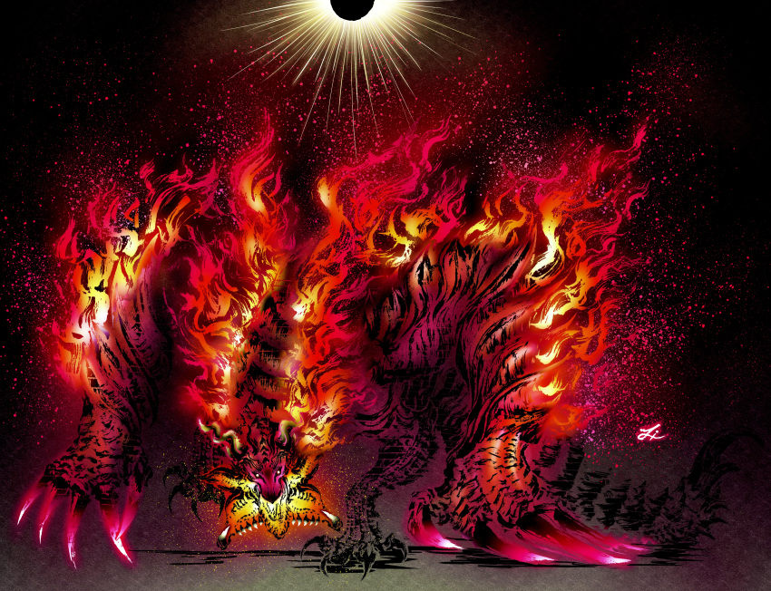 absurdres, bifurcated_jaw, burning, curled_horns, deadpool_yuchan, dragon, dragon_tail, eclipse