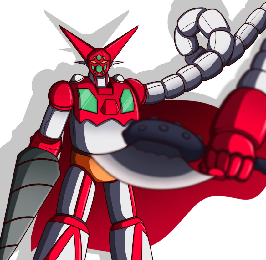 absurdres, axe, cape, drill, drill_hand, getter-1, getter-2, getter-3, getter_robo, getter_robo_(1st_series), highres, holding, holding_axe, holding_weapon, mecha, mecha_focus, no_humans, robot, solo, super_robot, tomahawk, weapon, yellow_eyes, zeon132