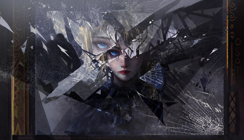 1girl, absurdres, artist_name, black_dress, black_veil, blonde_hair, blue_eyes, bonnet