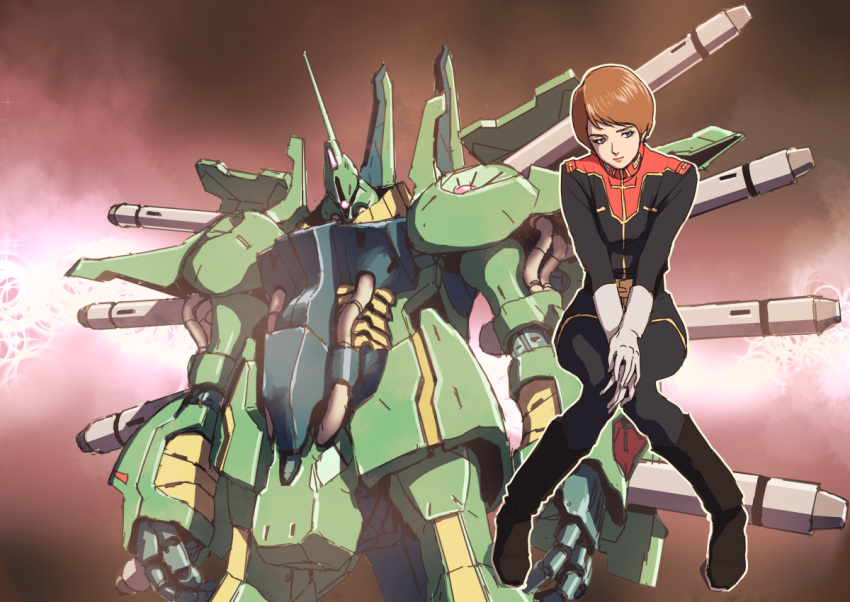 1girl, boots, brown_hair, commentary_request, debris, gloves, gundam, mecha, missile, mobile_suit, nebula, one-eyed, palace_athene, reccoa_londe, robot, sad, science_fiction, sitting, space, spoilers, teikoku_jokyoku, titans_(gundam), upper_body, zeta_gundam