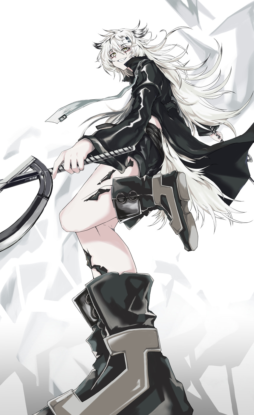 1girl, absurdres, animal_ears, arknights, black_jacket, black_shorts, boots, commentary, highres, holding, holding_sword, holding_weapon, infection_monitor_(arknights), jacket, kuzu_tetsu, lappland_(arknights), necktie, scar, scar_across_eye, shorts, sword, tail, weapon, white_eyes, white_hair, wolf_ears, wolf_tail