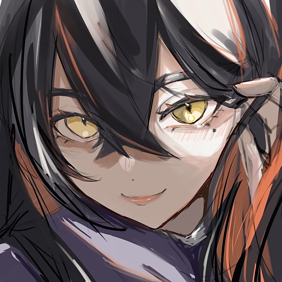 1girl, black_hair, carmine_(pokemon), close-up, closed_mouth, crossed_bangs, eyelashes, hair_between_eyes