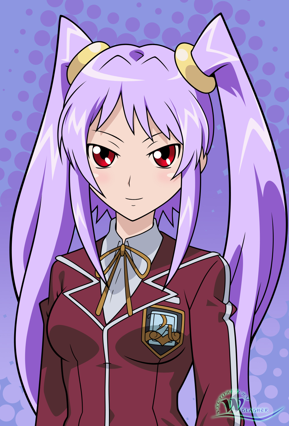 blush, fujiwara_yukino, long_hair, purple_hair, red_eyes, school_uniform, twintails, vector_trace