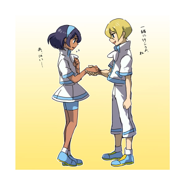 1boy, 1girl, bad_id, bad_pixiv_id, blonde_hair, blue_footwear, cosplay, dark-skinned_female