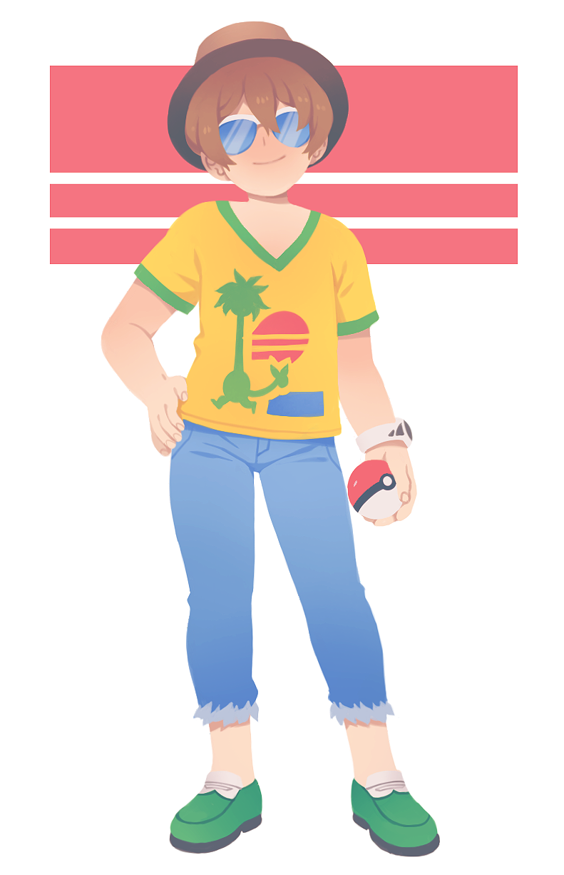 1boy, blue-tinted_eyewear, brown_hat, dexio_(pokemon), dinkydins, full_body, green_footwear, hat