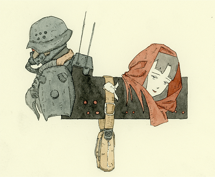 1girl, 1other, ambiguous_gender, bag, brown_hair, fuse_kazuki, gas_mask, helmet
