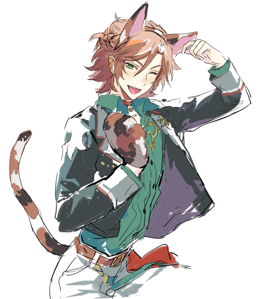1boy, animal_ears, animal_hands, arm_up, bishounen, black_jacket, brown_hair, calico