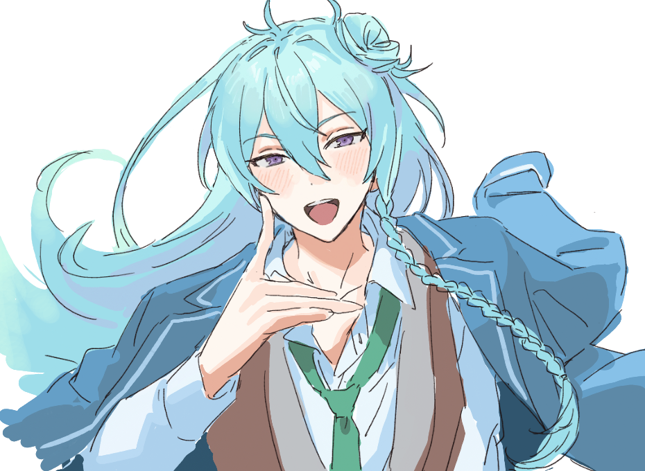 1boy, animal_ears, blue_hair, blue_jacket, braid, brown_vest, collared_shirt, commentary_request