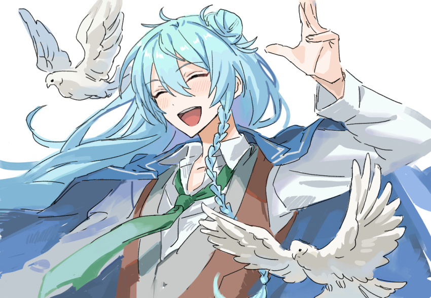 1boy, animal, arms_up, bird, blue_hair, blue_jacket, braid, brown_vest