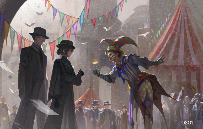 1girl, 2boys, absurdres, benson_moretti, bird, black_dress, black_gloves, black_hair
