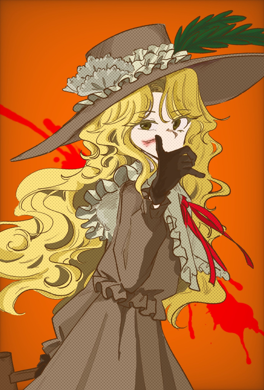 1girl, black_gloves, blood, blood_on_face, blood_on_hands, blood_on_weapon, blood_splatter, bow