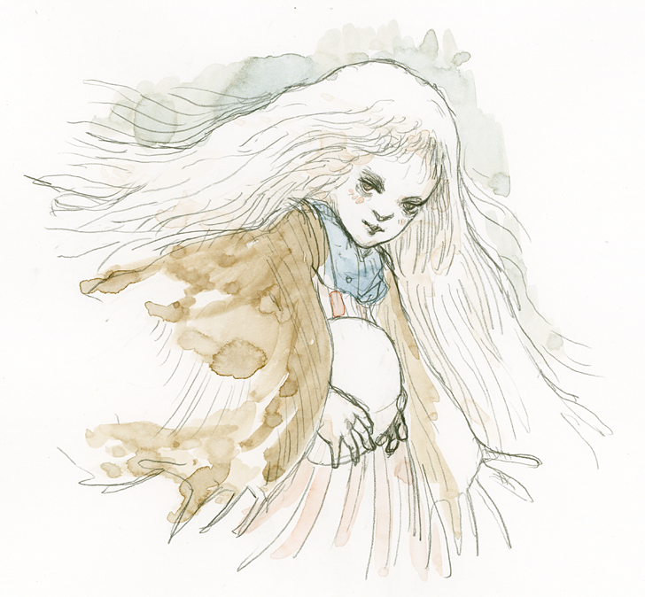 1girl, blonde_hair, dress, egg, eyeshadow, girl_(tenshi_no_tamago), holding, holding_egg