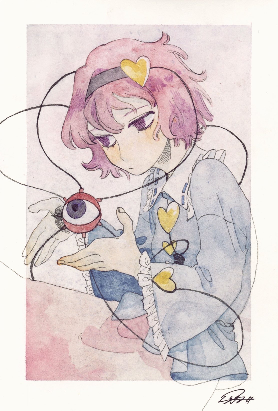 1girl, blue_shirt, blush, expressionless, frilled_shirt, frills, hairband, heart
