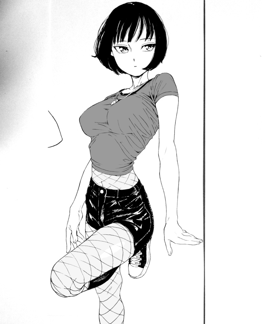 1girl, absurdres, bad_id, bad_pixiv_id, black_hair, black_shorts, breasts, covered_nipples, dende_(dndn222), facing_viewer, fishnet_top, fishnets, foot_against_wall, greyscale, highres, jewelry, large_breasts, looking_to_the_side, midriff, monochrome, navel, necklace, original, scan, scan_artifacts, shirt, shoelaces, shoes, short_hair, shorts, sneakers, solo, standing, standing_on_one_leg, stomach, t-shirt, traditional_media