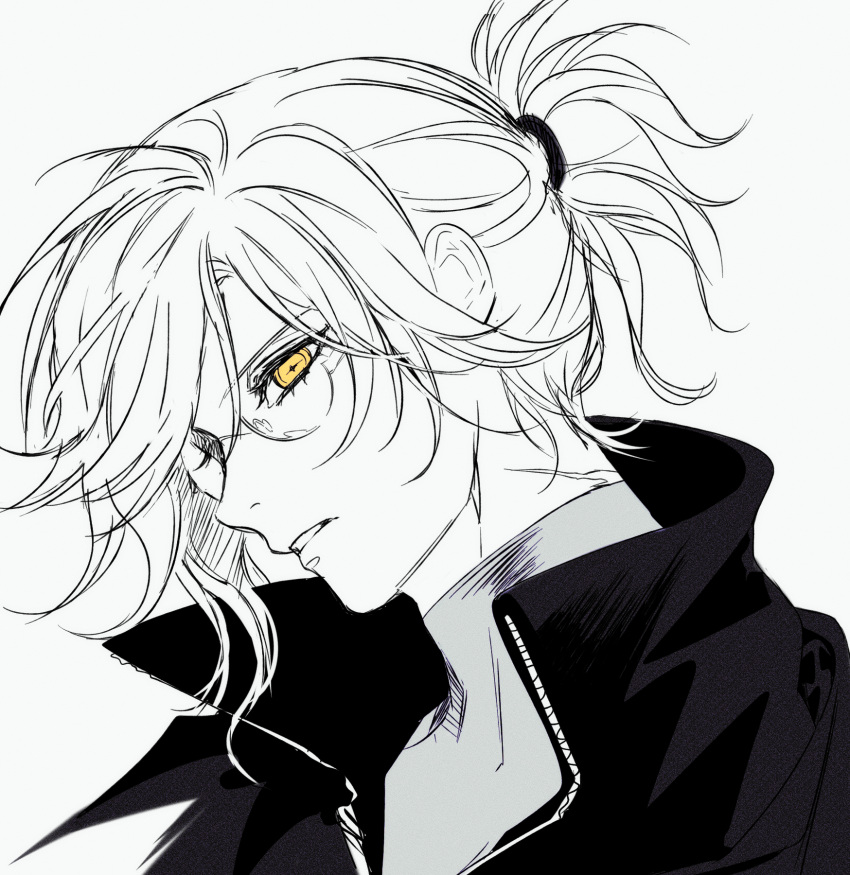 1boy, alternate_costume, alternate_hairstyle, asymmetrical_hair, commentary_request, cross-shaped_pupils, easel_(dam0628), edmond_dantes_(fate)