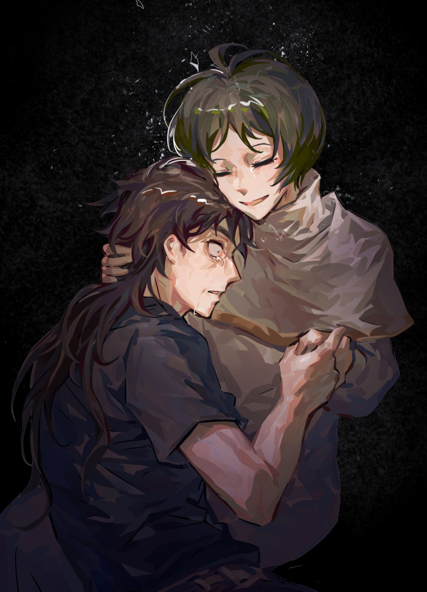 1boy, 1girl, black_shirt, brown_hair, capelet, chinese_commentary, closed_eyes, commentary_request