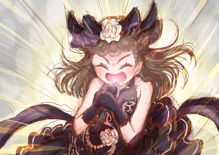 1girl, ^_^, absurdres, black_bow, black_dress, black_gloves, blush, bow