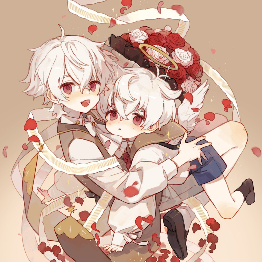 2boys, aged_down, angel, angel_wings, ascot, bacheally, black_socks, blush