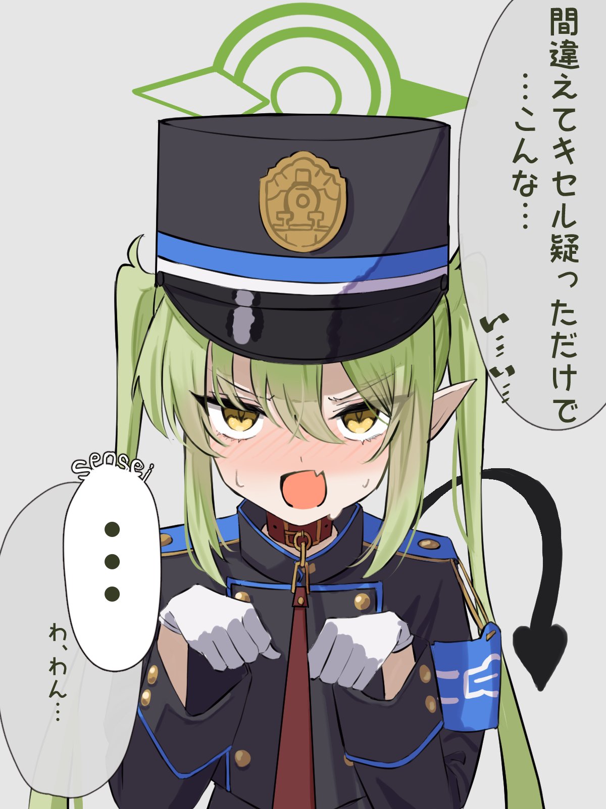 1girl, animal_collar, black_hat, black_jacket, black_tail, blue_archive, blush, collar, demon_tail, fang, gloves, green_hair, green_halo, hair_between_eyes, halo, hat, highres, jacket, kamiyamatokino, long_hair, long_sleeves, nozomi_(blue_archive), open_mouth, peaked_cap, skin_fang, solo, speech_bubble, tail, translation_request, twintails, upper_body, white_gloves, yellow_eyes