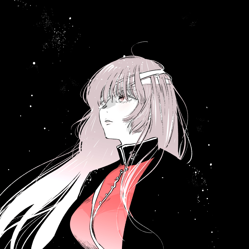 1girl, bandage_over_one_eye, bandaged_head, bandages, black_background, black_coat, breasts, coat, commentary, fate/grand_order, fate_(series), florence_nightingale_(fate), florence_nightingale_(third_ascension)_(fate), gradient_hair, jacket, large_breasts, long_hair, looking_afar, looking_up, multicolored_hair, nobicco, one_eye_covered, parted_lips, pink_eyes, pink_hair, red_jacket, solo, upper_body, white_hair