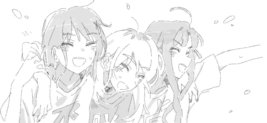 3girls, arm_around_neck, awa_subaru, blush, closed_eyes, girls_band_cry, greyscale, highres, iseri_nina, kawaragi_momoka, long_hair, m2noc, monochrome, multiple_girls, open_mouth, outstretched_arm, shirt, short_sleeves, short_twintails, smile, sweat, twintails, upper_body