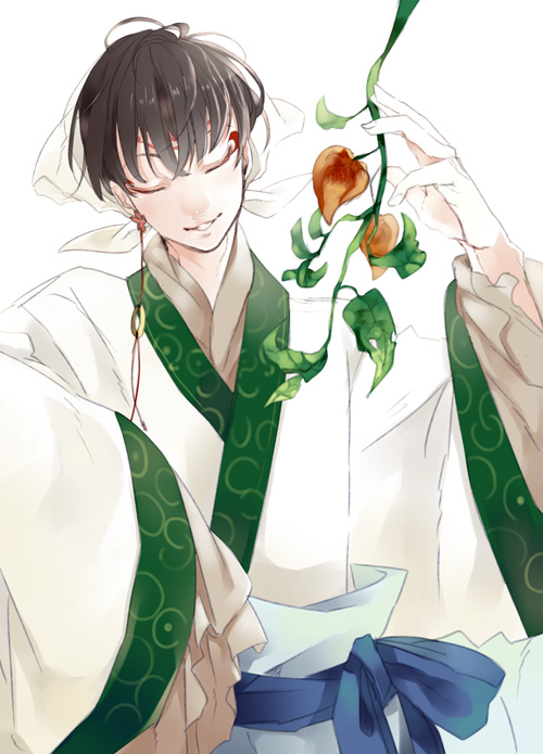 1boy, black_hair, blue_bow, blunt_bangs, bow, bud, closed_eyes, coin