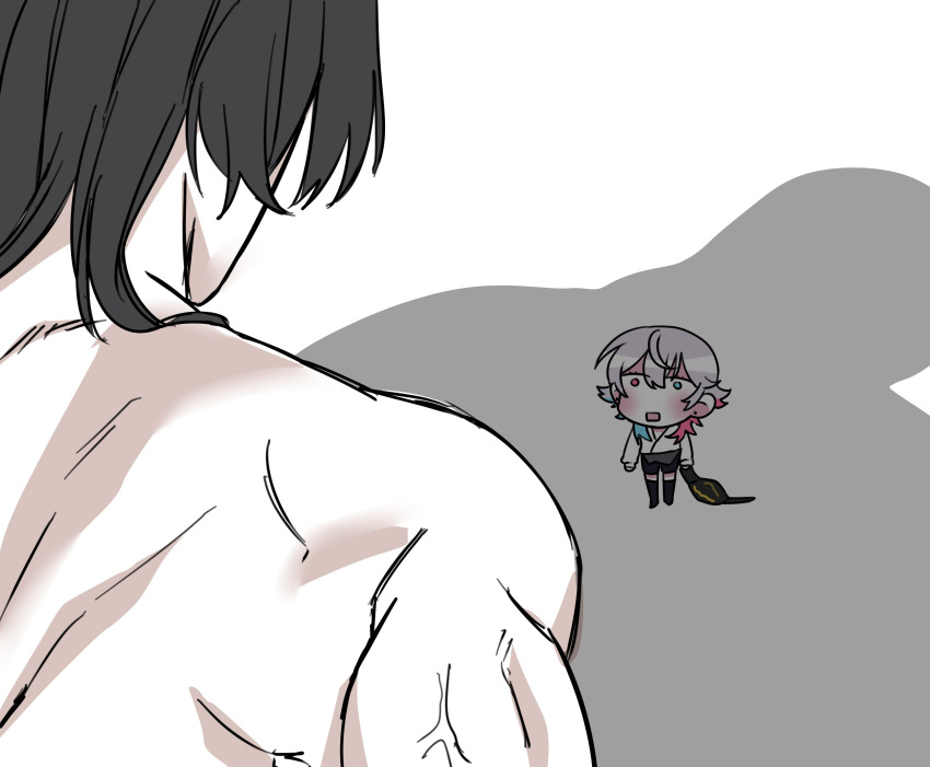 2boys, anger_vein, black_hair, black_shorts, black_thighhighs, blue_eyes, blue_hair, chibi