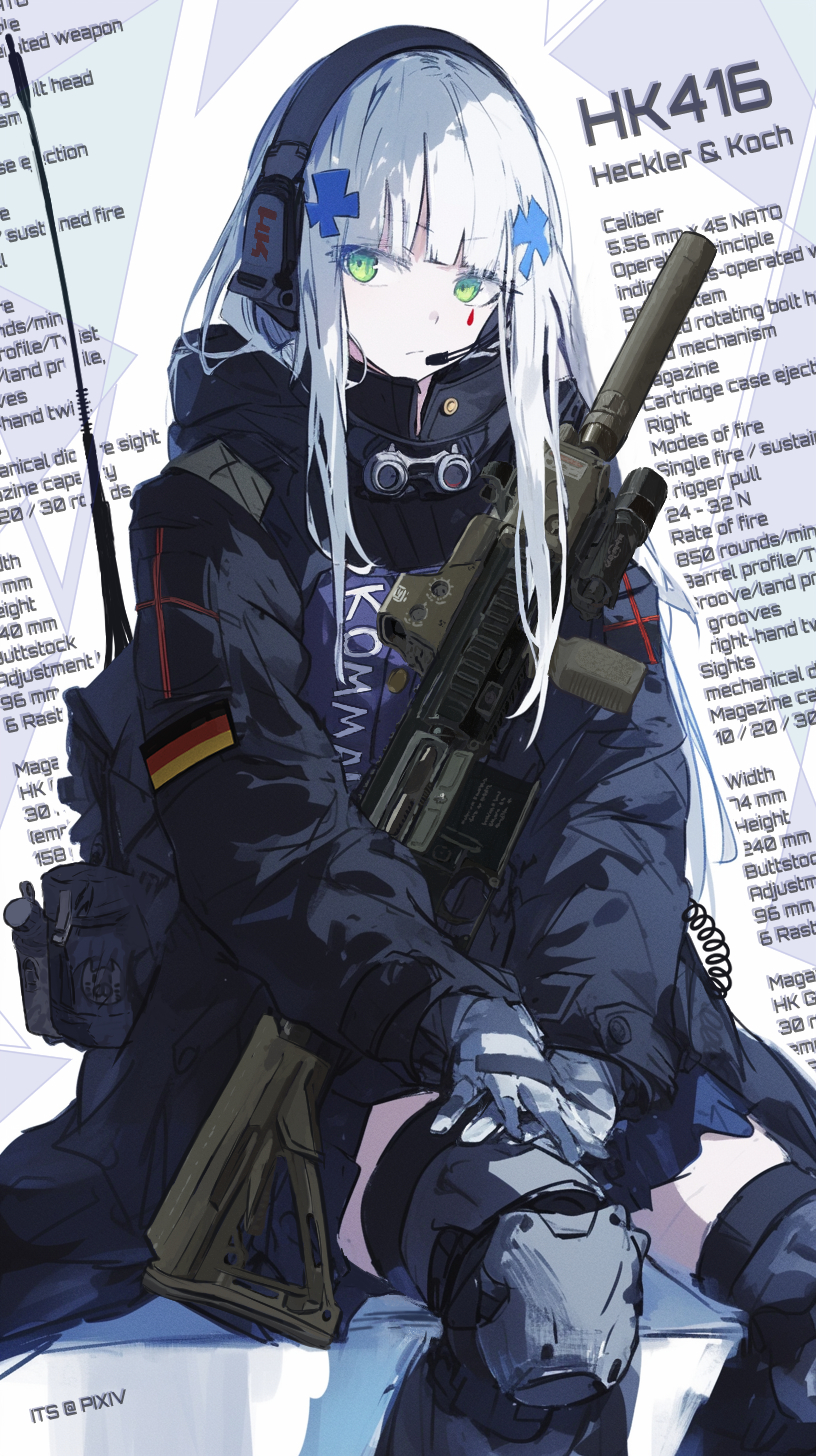 1girl, assault_rifle, closed_mouth, commentary, commentary_request, cross_hair_ornament, english_text, german_flag