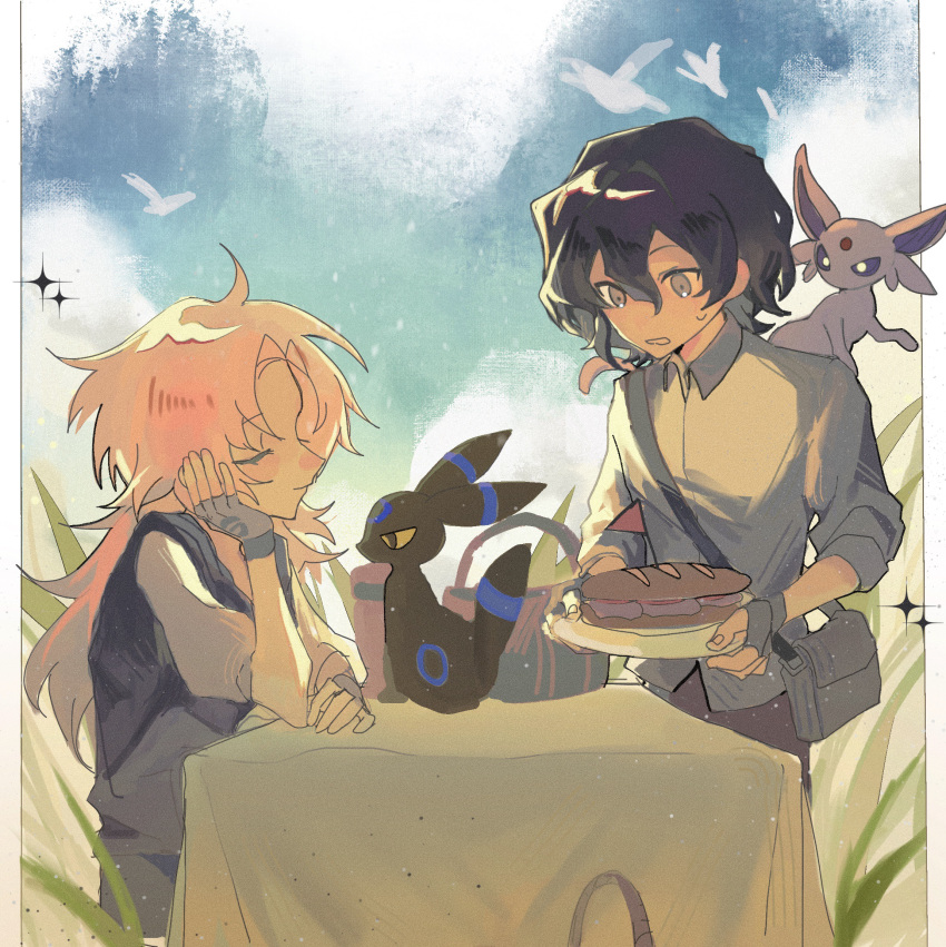 2boys, black_hair, black_vest, blue_sky, closed_eyes, closed_mouth, collared_shirt, crossover, day, espeon, fingerless_gloves, food, gao_tongren_wanjiebufu, gloves, grey_bag, grey_eyes, grey_gloves, hair_between_eyes, hatsutori_hajime, highres, holding, holding_plate, long_hair, male_focus, multiple_boys, open_mouth, outdoors, parted_bangs, pink_hair, plate, pokemon, pokemon_(creature), saibou_shinkyoku, sandwich, shirt, short_hair, sky, smile, sweat, table, umbreon, utsugi_noriyuki, vest, white_shirt