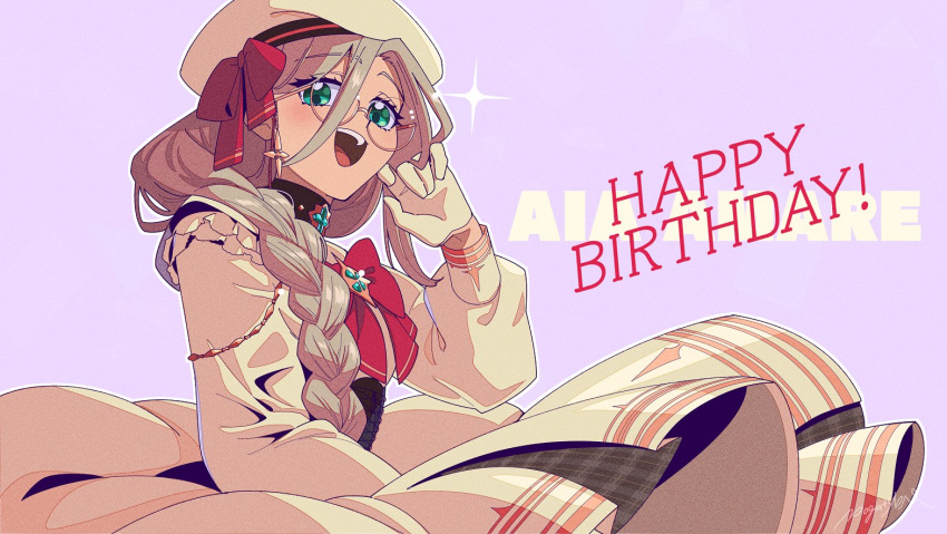1girl, aia_amare, aia_amare_(1st_costume), blush, braid, character_name, dress, glasses, gloves, green_eyes, hair_between_eyes, happy_birthday, long_hair, looking_at_viewer, nijisanji, nijisanji_en, open_mouth, pogatyb, purple_background, solo, sparkle, virtual_youtuber, white_beret, white_dress, white_gloves