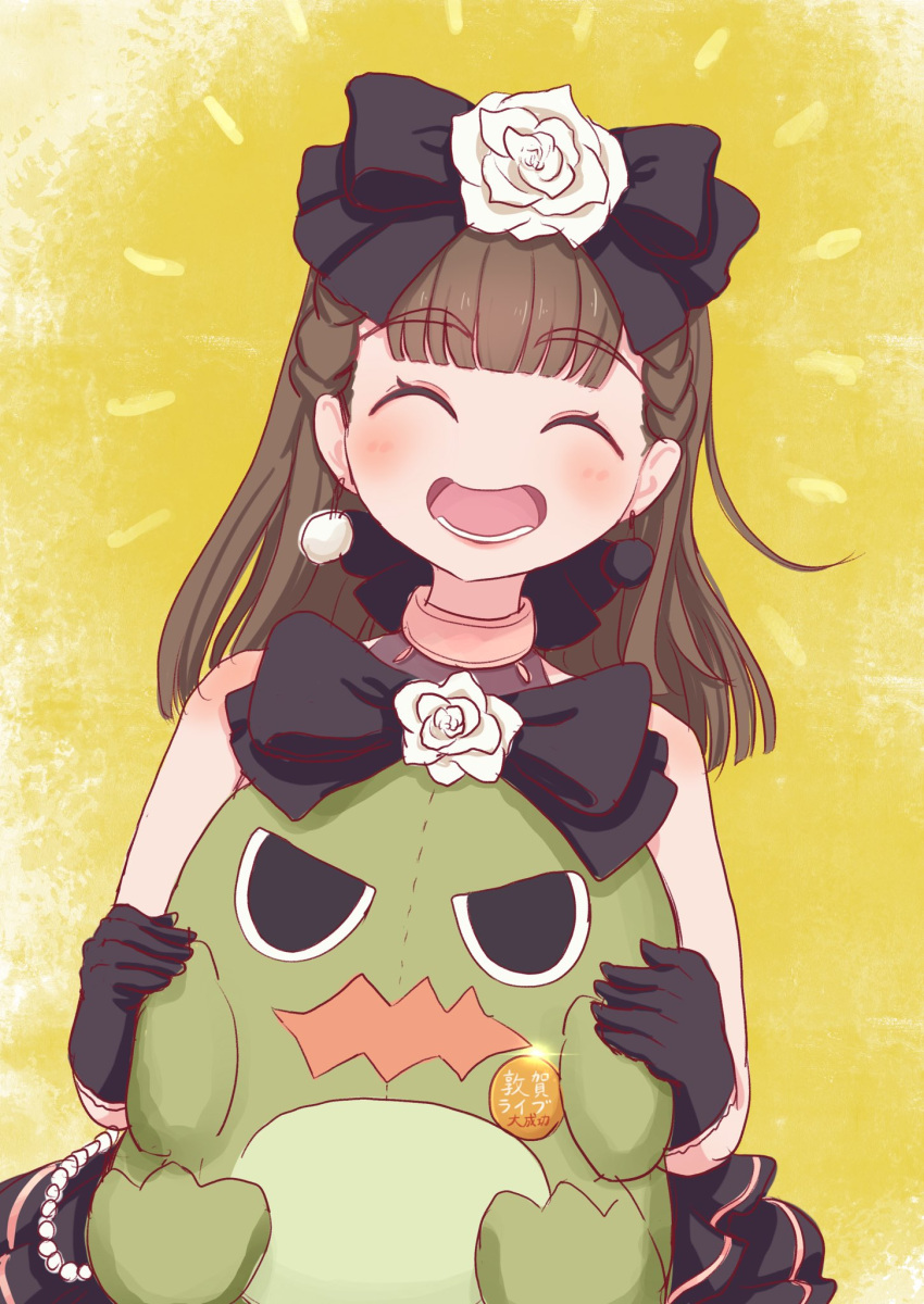 1girl, ^_^, badge, black_bow, black_dress, black_gloves, blunt_bangs, blush