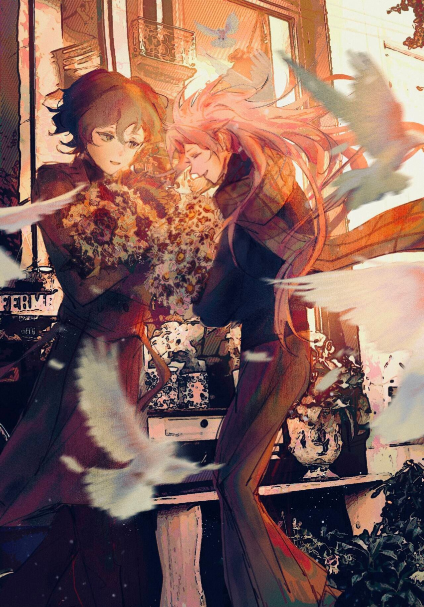 2boys, bird, black_pants, black_sweater, brown_coat, brown_pants, brown_scarf, chinese_commentary, closed_eyes, coat, commentary_request, dove, film_grain, grey_eyes, grey_hair, hatsutori_hajime, highres, long_hair, long_sleeves, male_focus, multiple_boys, open_mouth, pants, pink_hair, plaid, plaid_scarf, saibou_shinkyoku, scarf, short_hair, simian_qiao_gu, smile, sweater, utsugi_noriyuki
