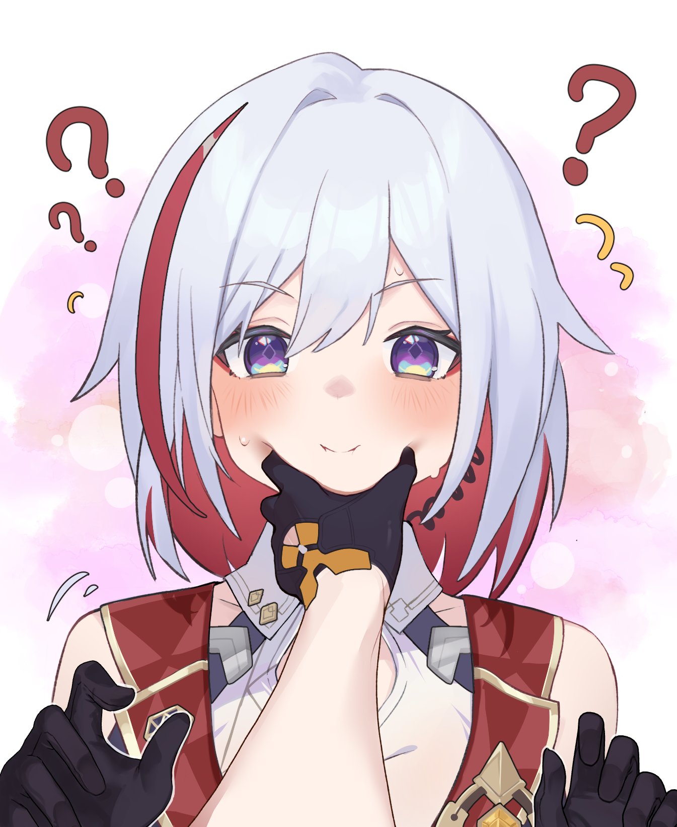 2girls, ?, ??, black_gloves, blush, cheek_pinching, gloves, grey_hair