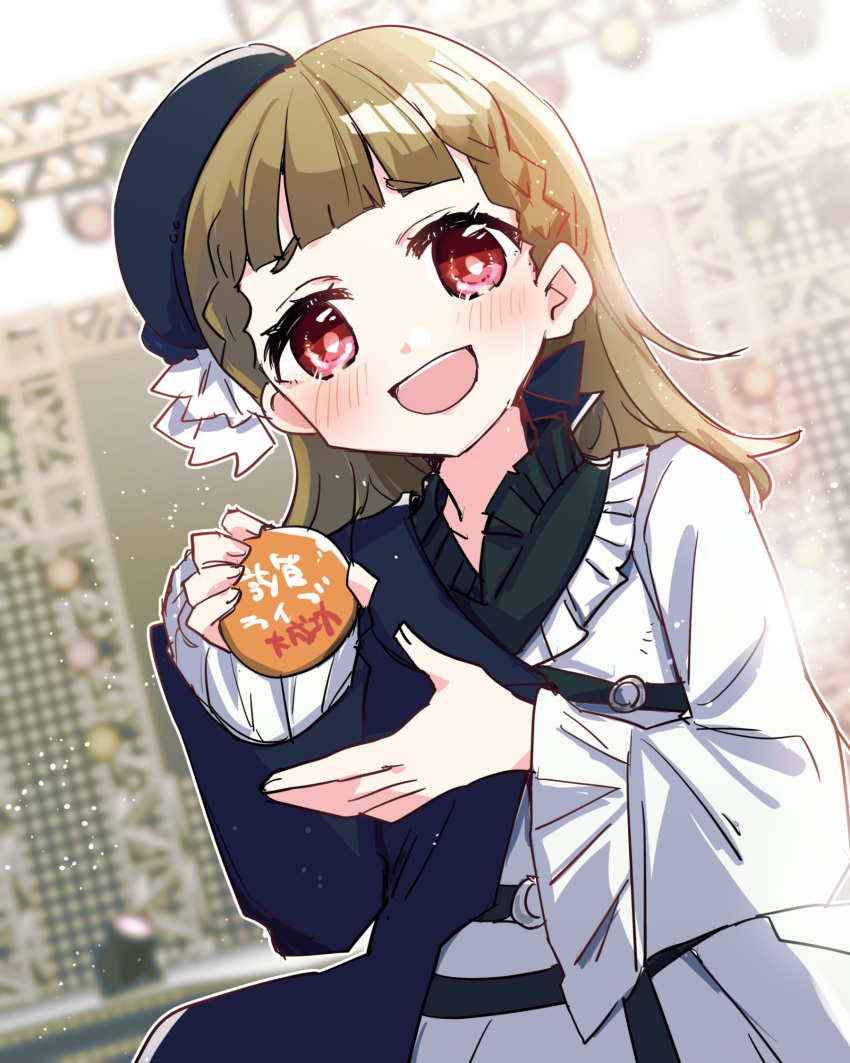 1girl, :d, badge, beret, black_shirt, blue_hat, blunt_bangs, blurry