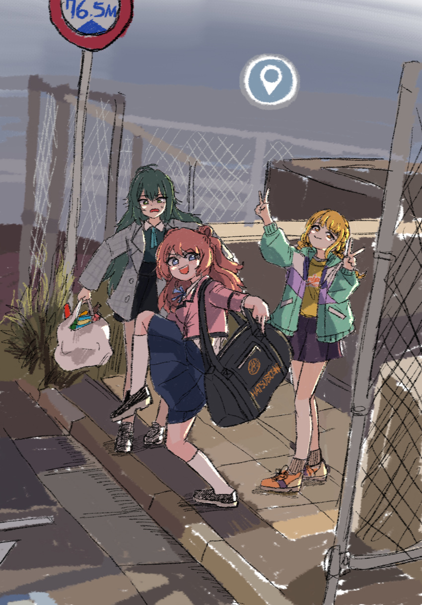 3girls, aromdami, bag, blonde_hair, blue_skirt, blush, brown_hair, double_v, fujita_kotone, full_body, gakuen_idolmaster, google_maps, green_hair, hanami_saki, hatsuboshi_gakuen_school_uniform, high_school_girls_posing_for_google_street_view_(meme), highres, holding, holding_bag, idolmaster, long_hair, looking_at_viewer, meme, multiple_girls, photo-referenced, plastic_bag, school_uniform, skirt, smile, standing, standing_on_one_leg, tsukimura_temari, v