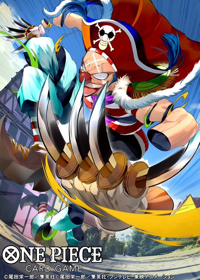 1boy, black_eyes, blue_hair, buggy_the_clown, clown_nose, english_text, epaulettes, facepaint, gloves, hat, holding, holding_weapon, makeup, male_focus, official_art, one_piece, open_mouth, outdoors, pirate_hat, red_nose, ryudaman, shirt, short_sleeves, skull_and_crossbones, smile, solo, striped_clothes, striped_shirt, teeth, translation_request, weapon, white_gloves