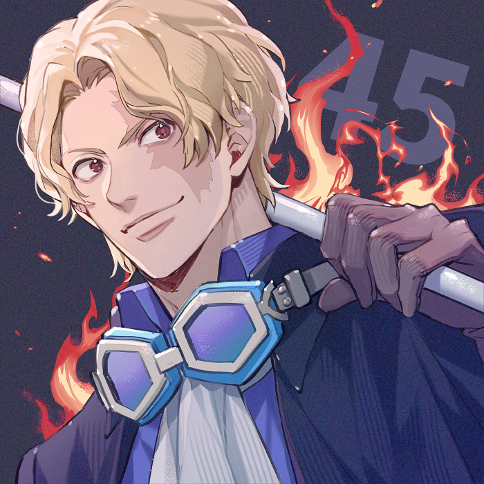 1boy, ascot, blonde_hair, brown_gloves, closed_mouth, commentary_request, english_commentary, fire