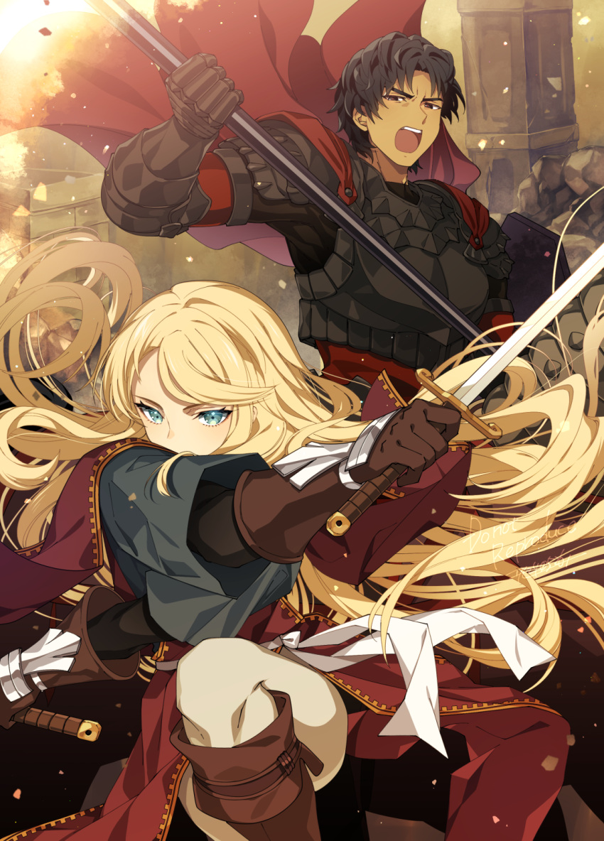 2boys, androgynous, aramis_(unicorn_overlord), armor, black_hair, blonde_hair, blue_eyes, blurry