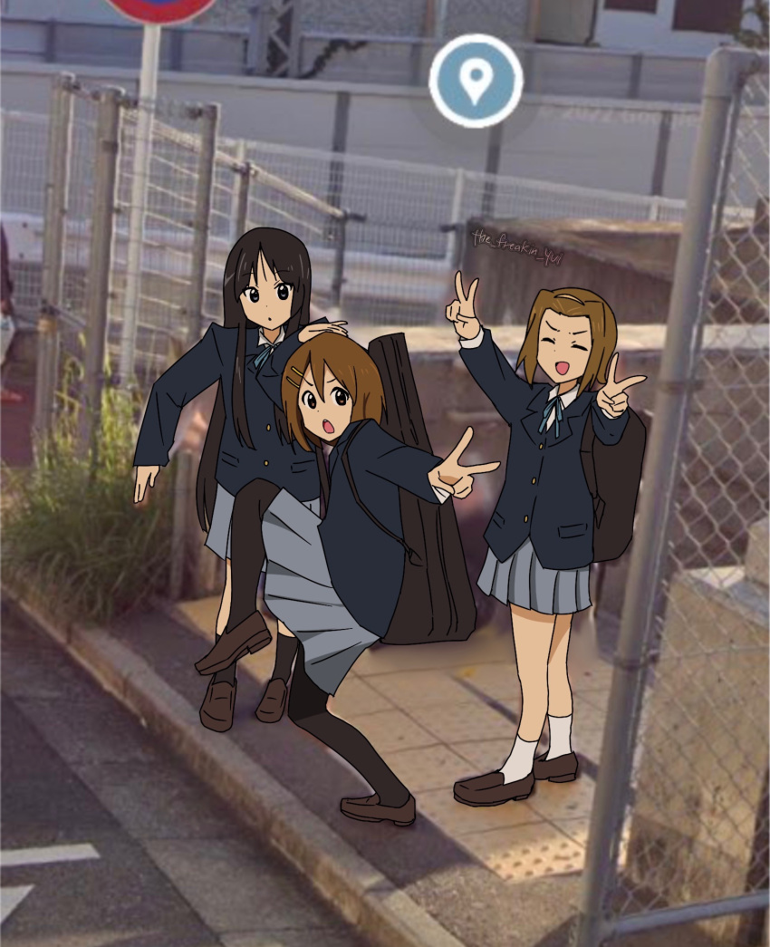 3girls, akiyama_mio, black_eyes, black_hair, black_pantyhose, black_socks, blazer, blue_jacket